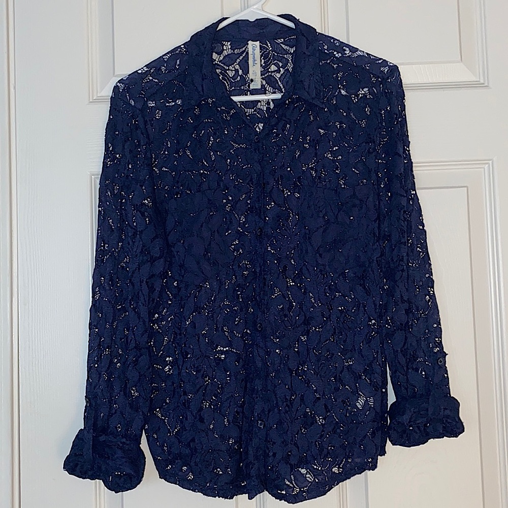 Navy blue see through floral blouse